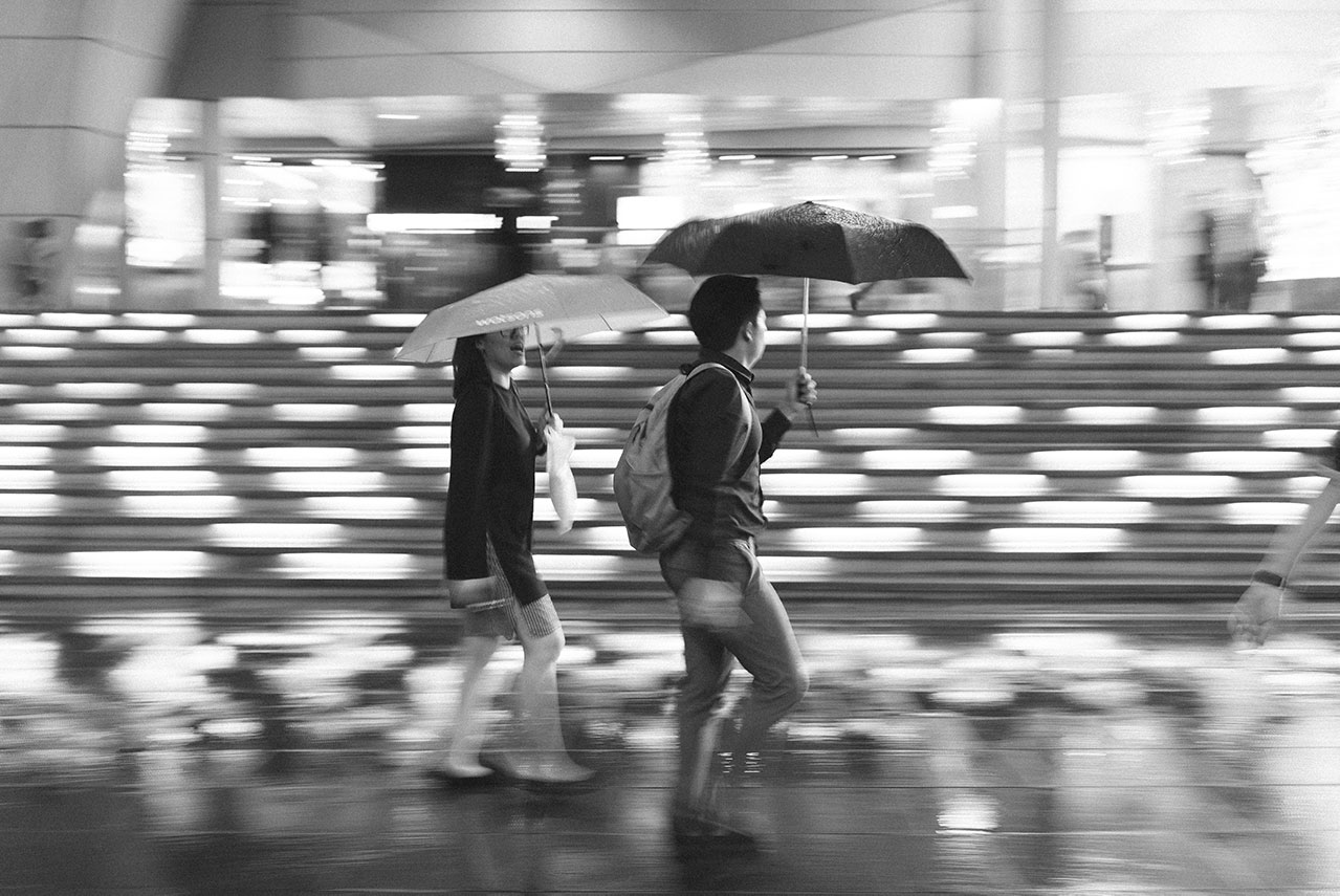 panning shot of people walking